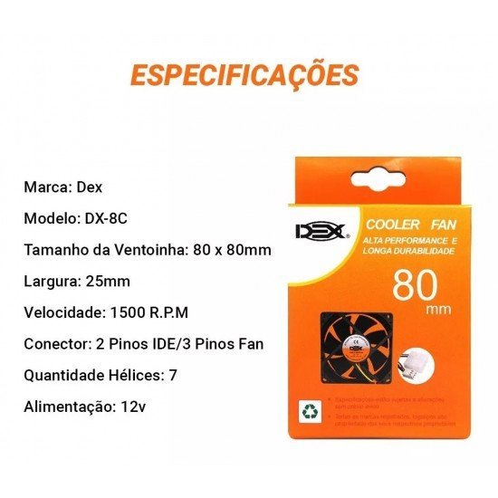 Cooler Fan Dex DX-8C, Preto, 80mm, Gabinete Ventoinha