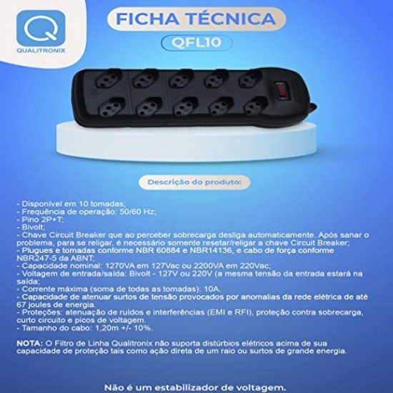 Filtro Linha 10 Tomadas Qualitronix QFL-10 Bivolt