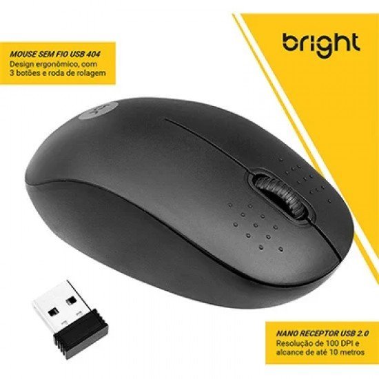 Mouse Bright 0404, Sem Fio, 1200DPI, 3 Botões