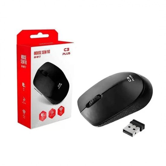 Mouse C3 Plus, M-W17, Sem Fio, 1000DPI, Preto