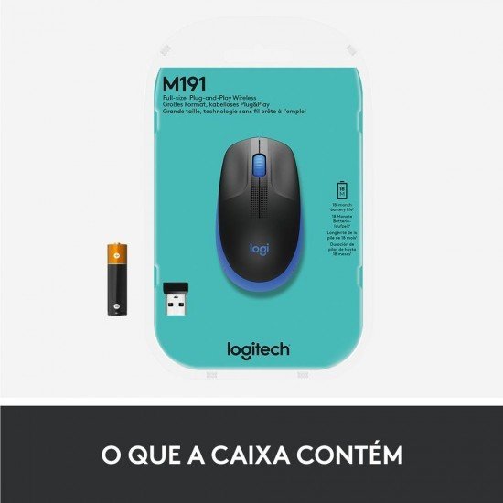 Mouse Logitech, Sem Fio, M190, Ambidestro, Pilha Inclusa, Azul