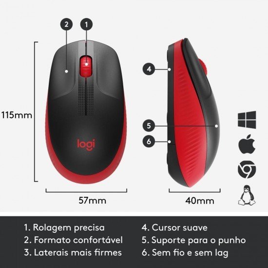 Mouse Logitech, Sem Fio, M190, Ambidestro, Pilha Inclusa, Vermelho